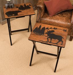 Foldable Side Table, Mountain Cabin Decor, Log Cabin Furniture, Moose Decor, Tray Tables, Side Table Set, Cabin Furniture, Black Forest Decor, Rustic Side Table