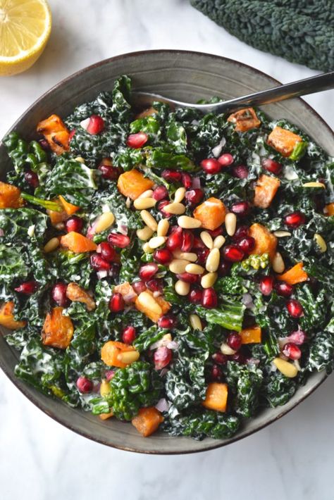 Kale Salad w/ Butternut Squash & Lemon Tahini Dressing | Every Last Bite Squash Pomegranate Salad, Kale Butternut Squash Salad, Butternut Squash Pomegranate, Kale Butternut Squash, Butternut Squash Salad, Salad With Lemon, Kale Salad Recipes, Lemon Tahini Dressing, Pomegranate Salad