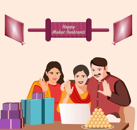 A family celebrating makar sankranti with their relatives or friends on video call, Happy makar sankranti vector illustration. Happy Makar Sankranti, Makar Sankranti, Video Call, A Family, Vector Art, Vector Free, Vector Illustration, Family Guy, Clip Art