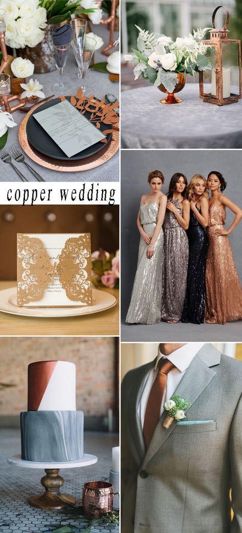 metal copper wedding themes for 2017 Wedding Colors With Copper, Bronze Theme Wedding, Copper And Bronze Wedding, Copper And Gray Wedding, Metallics Wedding Theme, Copper Theme Wedding, Neutral And Metallic Wedding, Molten Metal Bridesmaids, Metallic Wedding Theme