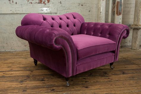 Introducing our 1.5 Seater Purple Velvet Chesterfield Sofa. This special design features bolt-on arms to allow for delivery into tight access buildings. Introducing our new luxurious handmade Chesterfield Sofa, fully upholstered in premium soft and smooth purple velvet. Created by our time-served craftsmen in the heart of Manchester. A truly sophisticated and ultimately fashionable design, with traditional classic values. It's brand new and straight from our factory, handmade by us - picked by y Chesterfield Sofa Cushions, Chesterfield Sofa Design, Snuggle Chair, Velvet Chesterfield, Velvet Chesterfield Sofa, Chesterfield Armchair, Snuggle Chairs, Bespoke Sofas, Handmade Plush