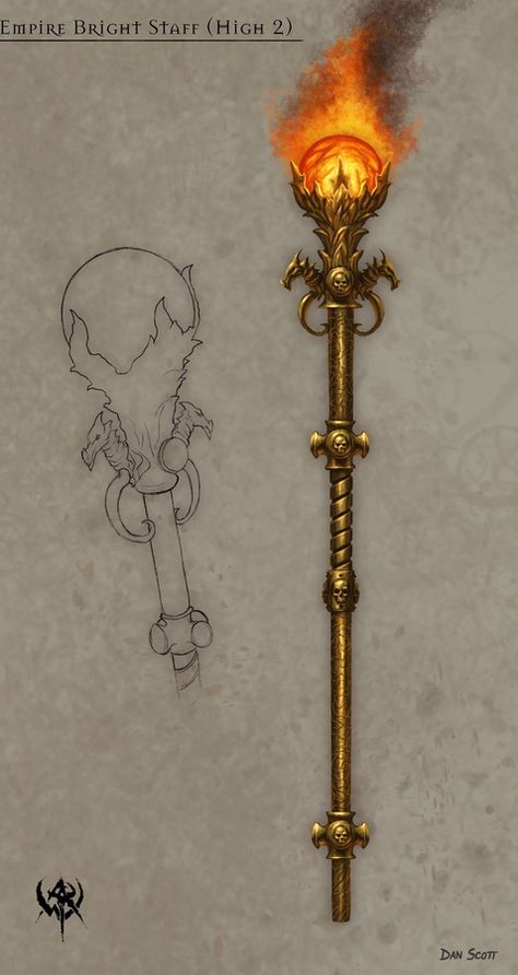 Staff of Fire Staff Concept Art, Staff Magic, Wizard Staff, Heroic Fantasy, Magic Items, Fantasy Props, Armor Concept, Arte Fantasy, Magic Art