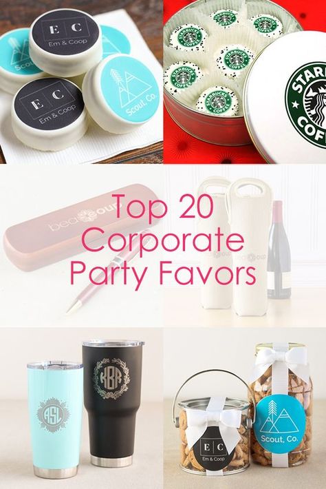 Planning a corporate party? Find the best corporate party favors and gifts all in one place! Party Favors For Business Events, Corporate Party Gift Ideas, Branded Party Favors, Corporate Event Giveaway Ideas, Meeting Giveaway Ideas, Diy Promotion Gifts, Corporate Event Prizes, Business Goody Bag Ideas, Business Souvenirs Ideas