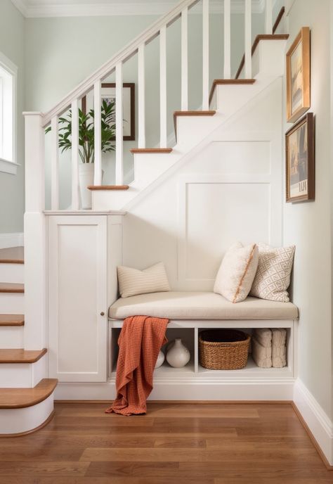 Staircase Storage Under Stairs Built In Bench By Stairs, Bench Under Stairs, Storage Under Stairs Ideas, Staircase Storage Under Stairs, Stair Seating, Shoe Storage Under Stairs, Shelves Under Stairs, Cabinet Under Stairs, Storage Under Stairs