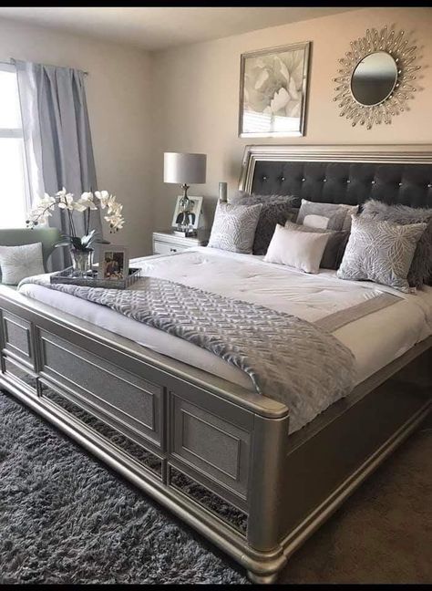 Coed Bedroom Decor, Silver Bed Frame Bedroom Ideas, Bedroom Decor Master For Couples, Glam Bedroom Decor, Beautiful Bedroom Decor, Luxury Room Bedroom, Classy Bedroom, First Apartment Decorating, Modern Luxury Bedroom