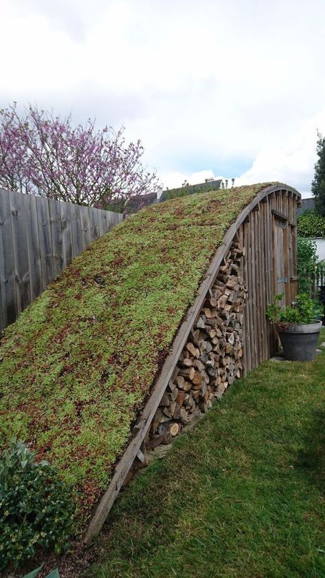 Grass Shed Roof, Garden Wood Storage, Roof Gardens Design, Sloping Garden Design, Acreage Landscaping Ideas Country Life, Build A Root Cellar, Grass Roof, Root Cellar, Sauna Design