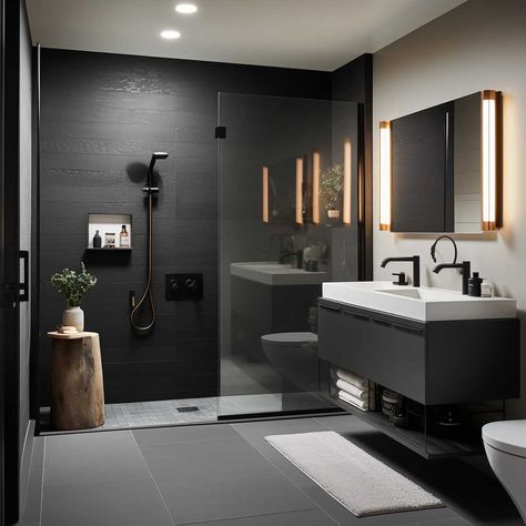 How to Design a Modern Small Black Bathroom That Impresses • 333+ Images • [ArtFacade] Small Black Bathroom, Compact Bathroom Design, Contemporary Grey Bathrooms, Grey Bathroom Ideas, Grey Modern Bathrooms, Frameless Glass Shower Enclosure, Bathroom Concepts, Small Space Bathroom Design, Bathroom Design Small Modern