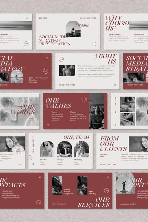 Presentation Design Elegant, White Presentation Design, Social Media Strategy Presentation, Red Presentation Design, Elegant Presentation Design, Simple Presentation Design, Red Powerpoint Template, Canva Presentation Ideas, Business Presentation Design