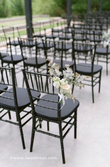 All Seating — 876 Events & Rentals Wedding Ceremony Ideas Black And White, Flowers For Chairs At Wedding, Elegant Wedding Chairs, Wedding Ceremony With Black Chairs, Black And White Wedding Chairs, Elegant Wedding Ceremony Outdoor, Black Outdoor Wedding Decor, Wedding Ceremony Black Chairs, Black Chair Wedding Ceremony