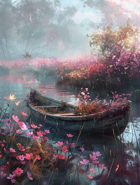 Prompt 👉Abandoned boat nestled in vibrant spring blooms, rain and fog entangling in a Monge-inspired watercolor atmosphere, the scene balancing Artgerm's sleek style with Rutkowski's brooding undertones, transformed digitally into a Stålenhag-esque dystopian tableau, hues of the golden hour cast across the scene through a wide-angle lens, intricate, elegant, highly detailed 👉 if Like, please Follow and Share AI Graphics Studio 👇Contact on WhatsAPP: http://tiny.cc/aigraphicsstudio #aigraphic... Moody Drawings, Landscape Painting Ideas, Night Cafe, Interesting Drawings, Draw Together, Oil Painting Tutorial, Lake Painting, The Golden Hour, Spring Landscape