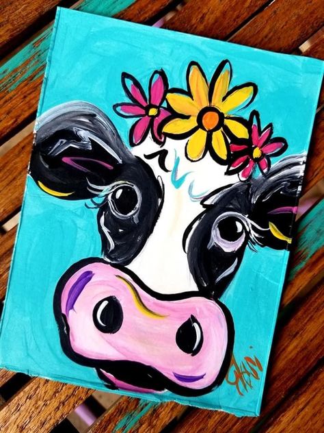 Painting Ideas On Canvas Chicken, Cow Easy Painting, Country Painting Ideas On Canvas, Simple Animal Paintings, Easy Cow Painting, Cow Painting Easy, Farm Animal Paintings, Kids Canvas Painting, Cute Easy Paintings