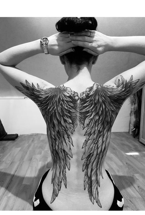 Wing Back Tattoos For Women, Full Back Wing Tattoo, Back Wings Tattoos Women, Angel Wings Tattoo On Back Women, Dragon Wings Tattoo On Back, Wing Back Tattoo Women, Black Wings Tattoo, Angel Wings Tattoo Back, Back Tattoos Wings