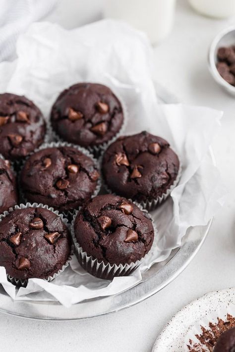 Easy Double Chocolate Muffins | Browned Butter Blondie | Satisfy all of your chocolate cravings with this easy, moist double chocolate muffin recipe that come together in minutes. This no fuss breakfast idea can be made without a mixer and makes the perfect indulgence any day of the week. #chocolatmuffins #doublechocolate Vegan Banana Chocolate Chip Muffins, Double Chocolate Muffin Recipe, Chocolate Muffin Recipe, Double Chocolate Muffins, Banana Chocolate Chip Muffins, Browned Butter, Banana Chocolate, Vegan Banana, White Plate