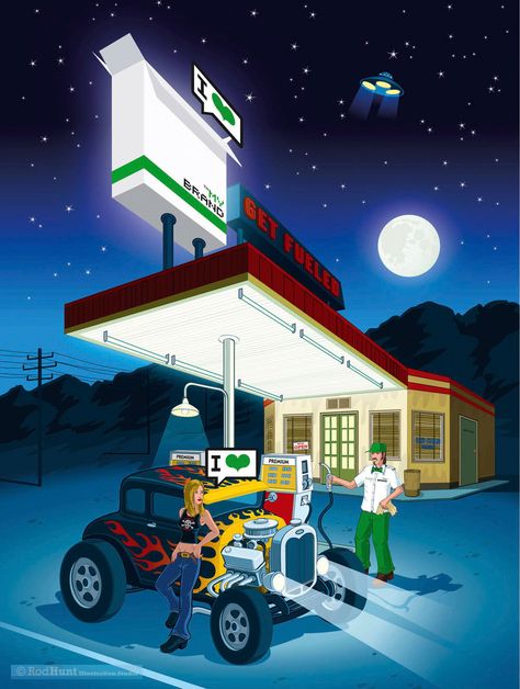 Gas Station Drawing, Gas Station Illustration, Station Drawing, Desert Drawing, Scenery Illustration, Illustration Studio, Tiki Art, Isometric Illustration, Poster Illustration