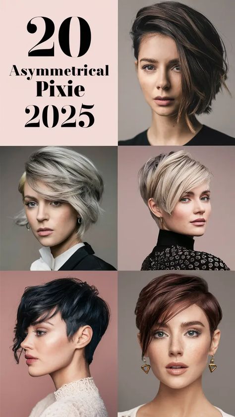 20 Asymmetrical Pixie Haircuts for 2025: Edgy Styles, Undercuts & Long Bang Ideas Asymmetrical Pixie Bob Haircut, Asymmetrical Wedge Haircut, Styling Asymmetrical Pixie, Asymmetric Short Hair, One Side Short One Side Long Hair, Short Hair Asymmetrical Pixie, Long Pixie With Side Swept Bangs, Edgy Asymmetrical Haircut Short, Asymmetrical Pixie With Bangs