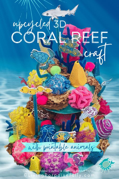 Upcycled 3D Coral Reef Craft | Living Porpoisefully Coral Reef Paper Sculpture, Coral Reef Craft For Kids, Ribbon Jellyfish, Coral Reef Sculpture, Australia Activities, Coral Reef Craft, Coral Reef Animals, Fish Project, Ocean Diorama