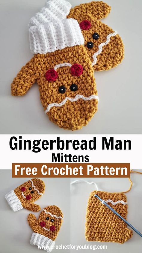 Christmas Crochet Accessories, Crochet Things For Men, Gingerbread Mittens, Crochet Christmas Free Pattern, Winter Crochet Patterns Free, Cute Crochet Gifts, Mittens Free Pattern, Crochet Mitts, Crochet Mittens Free Pattern