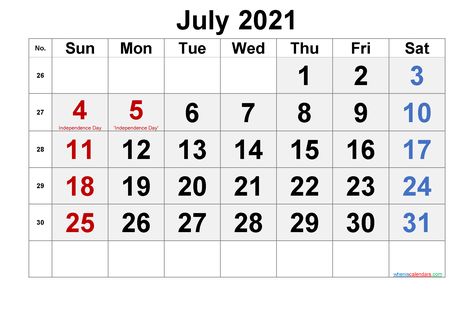 Download free printable July 2021 calendar with holidays in a variety of different formats and colors. The printable calendar are available as Microsoft Word (2007 or later) PDF or Image files that easy to print. Free Printable July 2021 Calendar Printable Calendar Features Calendar: Free Printable July 2021 Calendar Calendar of the Year: 2021 Paper Orientation: Landscape First day of the Week: Sunday First U.S. edition with U.S. federal holidays and observances Print Paper: A3, A4 Supported Fil Calendar With Week Numbers, June Calendar Printable, Calendar October, Calendar With Holidays, July Calendar, Blank Calendar Template, Monthly Calendar Template, Calendar 2022, 2022 Calendar
