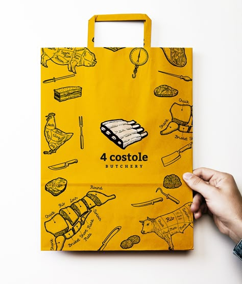 Branding and identity for butcher shop Restaurant Bags Design, Food Paper Bag Design, Shopping Bag Design Packaging, Paper Bag Design Branding, Food Bag Design, Bakery Cafe Logo, Shopping Bag Design, Food Logo Design Inspiration, Graphic Design Portfolio Cover