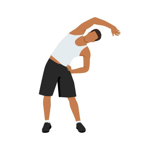 Man doing side bends, stretching hand on hips. Sport exercise, fitness workout. Flat vector Stretching Sketch, Exercise Clipart, Side Bends, Sport Exercise, Hands On Hips, Boy Illustration, Lower Back Exercises, Stretching Exercises, Waist Workout