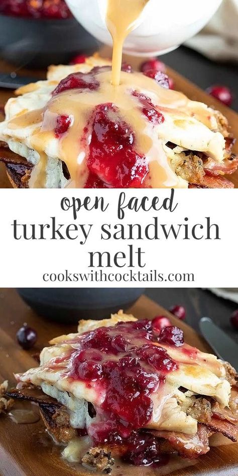 Open faced turkey sandwich melt with sweet cranberry sauce, bacon, turkey stuffing, and left over turkey all under a thick slice of melted cheese and smothered in turkey gravy.  It's like a turkey dinner in every bite!  Our turkey melts are the best way to use up leftover turkey!  Our family looks forward to the turkey melts every bit as much as the turkey dinner. #cookswithcocktails #turkeysandwich #sandwich #turkeymelt Open Faced Turkey Sandwich, Sandwiches Board, Turkey Melts, Sandwich Melt, Open Face Turkey Sandwich, Amazing Sandwiches, Bacon Turkey, Sandwich Melts, Hot Turkey Sandwiches