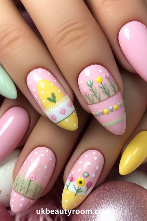 Step into the Easter vibe with these 21 fantastic nail designs! Whether it’s adorable bunnies or vibrant eggs, we’ve got you covered to make your nails pop! Spring, pretty pastel color, easy, natural, cute, simple, gel, acrylic, dip, for short nails, coffin, short, almond shape, long Almond Shaped Easter Nails, Aesthetic Easter Nails, Yellow Easter Nails, Peeps Nails, Mum Nails, Pastel Easter Nails, Celebration Nails, Easter Spring Nails, Designing Nails