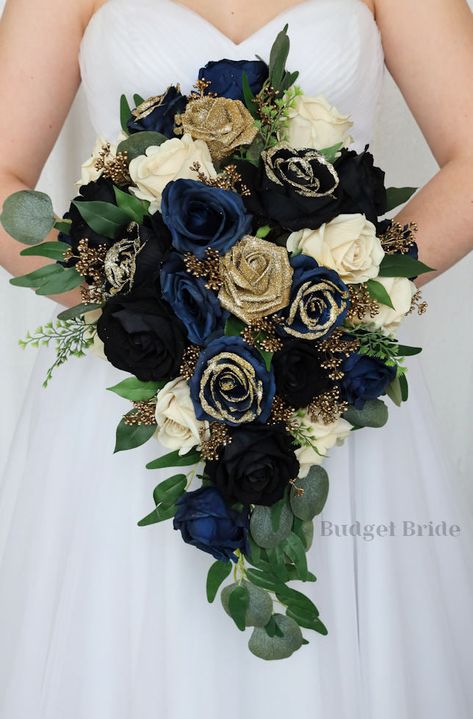 Navy Blue Gold And Black Wedding, Dark Blue Black And Gold Wedding, Navy Blue And Gold Wedding Bouquet, Hunter Green Navy Blue Wedding, Blue Black White Wedding Theme, Black Gold And Blue Wedding, Black Gold Blue Wedding, Navy And Gold Bouquet, Black And Dark Blue Wedding