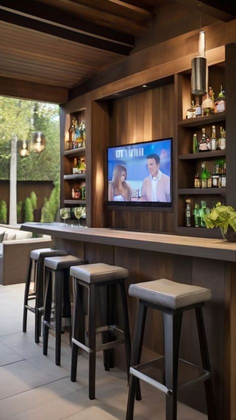 Veranda Bar Ideas, Bar Extension Ideas, Outdoor Kitchen Tv Wall, Bar Tv Wall, Backyard Tv Ideas, Tv Bar Wall Ideas, Outdoor Bar With Tv, Outdoor Tv Ideas Patio Design, Bar With Tv