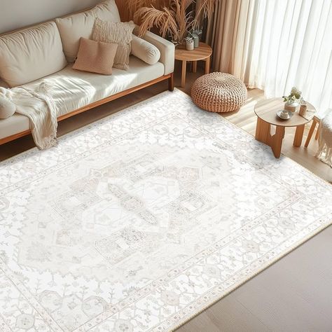 Amazon.com: Washable 5x7 Area Rugs Non Slip 5x7 Rug Low Pile Rug Floor Carpet Distressed Printed Area Rug Soft Area Rug for Living Room Bedroom Dinning Room Kitchen Indoor-Cream White : Home & Kitchen Rugs That Go With Cream Couch, White Sofa Living Room Rug, Rugs For Bedrooms With Hardwood Floors, Cute Bedroom Rug, Neutral Living Room Rug Ideas, Asthetic Rugs, Bedroom With Rug, White Area Rug Living Room, Rug On Carpet Living Room