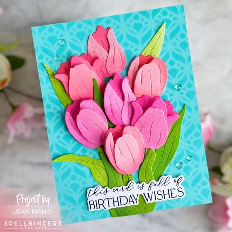 Spellbinders Tulip Trio Card - Right as Rain Cards With Tulips, Tulip Cards Handmade, Spellbinders Christmas Cards, Tulip Cards, Simon Hurley, Tulips Card, Birthday Scrapbook, Spellbinders Cards, Spring Cards