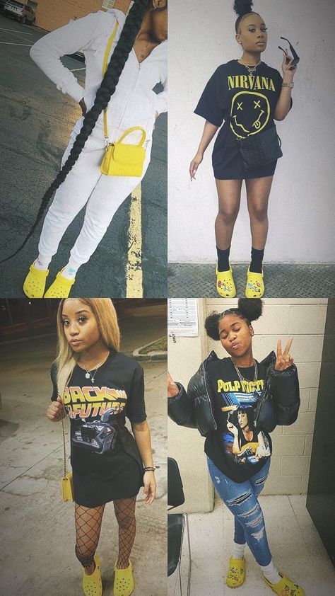 Yellow Snakeskin Jordan 11 Outfits, Yellow Crocs Outfit, Croc Outfit Ideas, Back2school Outfits, Cute Basic Outfits For School, Croc Fits, Layout Pics, Croc Outfits, 4s Outfit