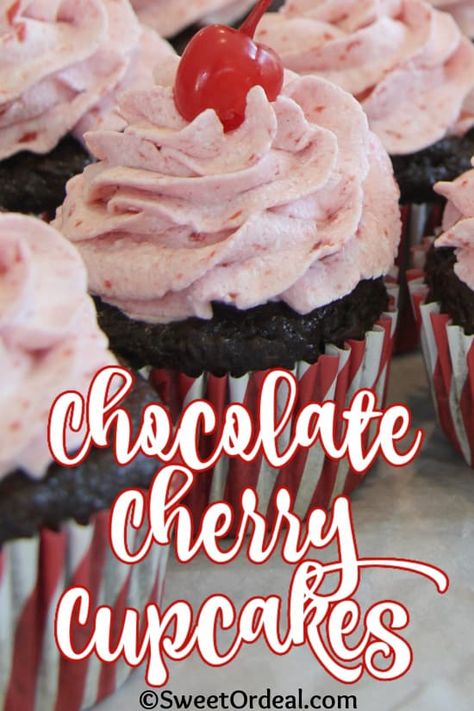 Chocolate Cherry Cupcakes are moist and chocolaty with the added cherry pie filling. Delicious. Cherry Ganache, Cherry Buttercream, Chocolate Cherry Cupcakes, Cherry Cupcakes, Fresh Cherry, Homemade Dessert, Cupcake Recipes Chocolate, Peach Cake, Chocolate Covered Cherries