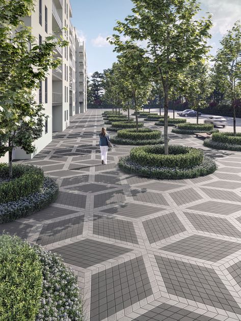 Pavement Design Landscaping, Square Paving Pattern, Paver Block Design, Street Paving Design, Permeable Pavement, Public Plaza Design, Circular Paving Pattern, Pavement Pattern Landscape Design, Triangle Pavers Beige