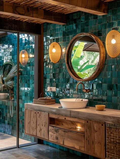 23 Tasteful Teal Bathroom Ideas Lake Inspired Bathroom, Turquoise Small Bathroom, Turquoise And Grey Bathroom, Dark Tropical Bathroom, Dark Teal Bathroom Ideas, Serene Bathroom Ideas, Teal Tile Bathroom, Teal And Gold Bathroom, Art Bathroom Ideas