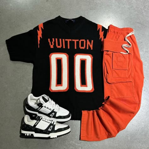 Orange Men Outfit, Black Trainer, Outfit With Sneakers, Sports Fashion Men, Outfits Men Streetwear, Orange Streetwear, Rainbow House, Dreads Styles, Outfits For Guys