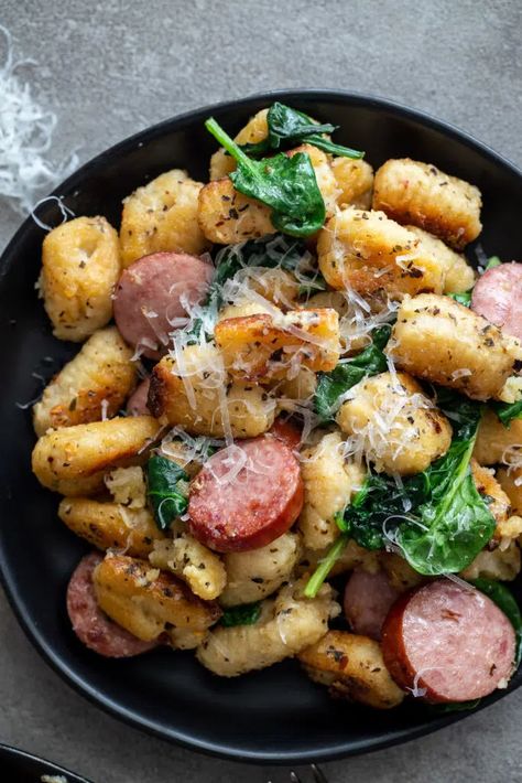 Pan-Fried Gnocchi With Spinach and Sausage - A Red Spatula Italian Sausage And Gnocchi Recipes, Kielbasa Gnocchi, Gnocchi And Chicken Sausage, Kielbasa Dinner, Bacon Gnocchi, Gnocchi With Sausage, Gnocchi With Spinach, Fried Gnocchi, Pan Fried Gnocchi