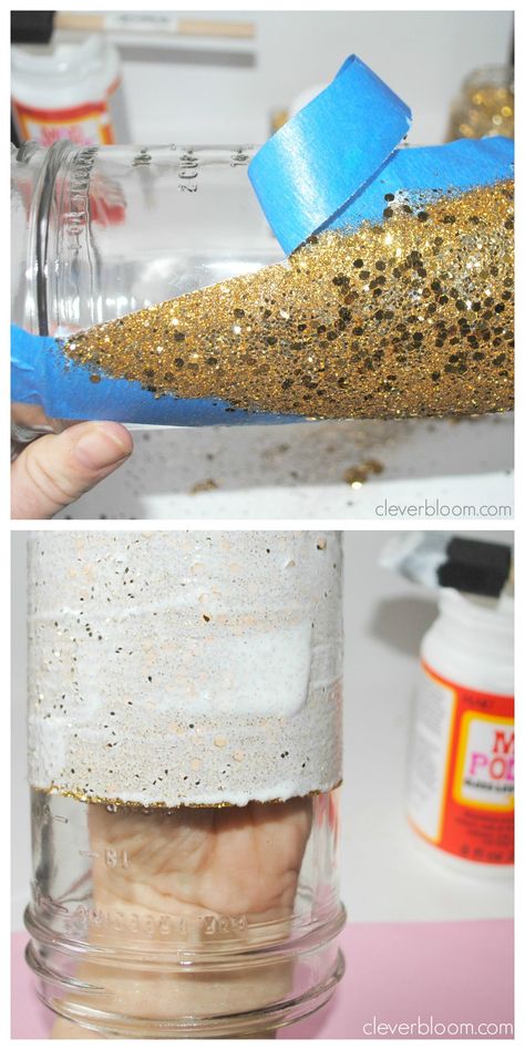 Diy Mason Jar Centerpieces, Gold Centerpieces Diy, Gold Mason Jars Centerpieces, Gold Glitter Mason Jar, Mason Jar Dispenser, Frosted Mason Jars, Gold Jars, Gold Mason Jars, Glitter Mason Jars