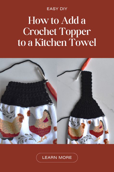 Adding a crochet topper is a cute way to stop your kitchen towel from ending up on the floor while also keeping it hanging neatly, instead of flopped back in a disheveled way. So here is how to add a crochet topper to a kitchen towel! Hanging Kitchen Towels Diy Free Pattern Ideas, Diy Kitchen Towels Hanging, Crochet Hand Towel Topper Free Pattern, Hanging Hand Towels In Kitchen, Dish Towel Holder Crochet, Crochet Dishtowel Topper, Crochet Towel Topper Pattern, Crochet Kitchen Towels Pattern Free, Crochet Towel Ring Holder Free Pattern