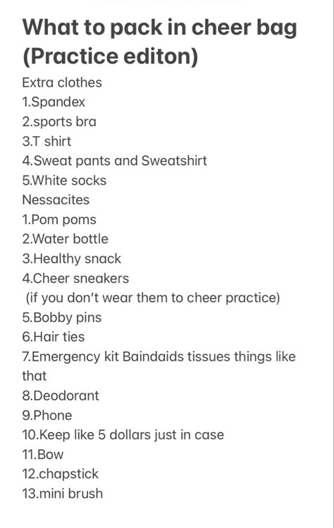 What To Bring To Cheer Tryouts, How To Become Cheer Captain, Sideline Cheer Tips, Cheer Packing List Competition, What To Bring To Cheer Practice, Cheer Game Day Checklist, Cheer Group Chat Names, What To Keep In Cheer Bag, Cheer Comp Checklist