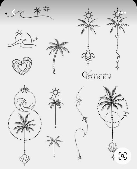 Small Simple Beach Tattoos, Palm Tree Flash Tattoo, Ohana Palm Tree Tattoo, Palm Tree With Sunset Tattoo, Beach Lover Tattoo Ideas, Simple Beach Tattoo Ideas, Palm Tree Outline Tattoo, Simple Beach Tattoos, Tiny Ocean Tattoo