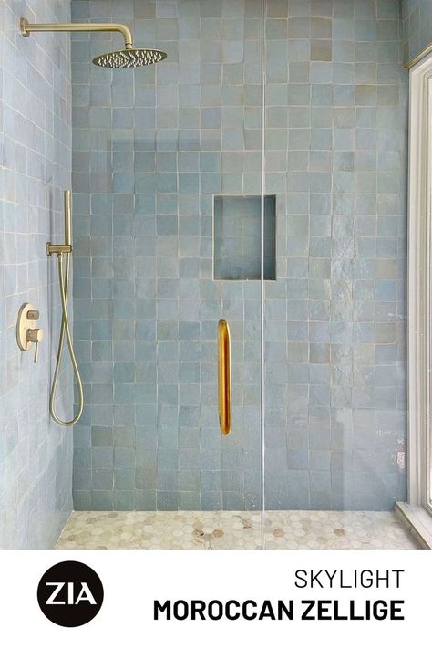 A bolt from the blue ⚡️⚡️⚡️ Skylight is our soft and subtle pastel blue zellige. Each tile is 🖐 dipped in glaze, and depending on their placement in the kiln, exposed to minor variations in temperature 🔥 The result is a highly dynamic blue with earthy hues that speak to the clay body beneath. Design by @suhohouse Square Tile Bathroom, Zia Tile, Beach House Bathroom, Bathroom Redesign, Bath Tiles, Hall Bathroom, Master Bath Remodel, Bathroom Shower Tile, Downstairs Bathroom