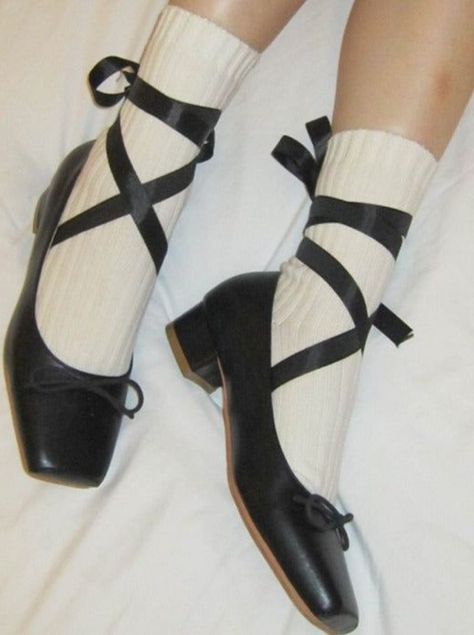 Black Shoes, Ballet Shoes, Ballet, Socks, Black And White, Bed, White, Black