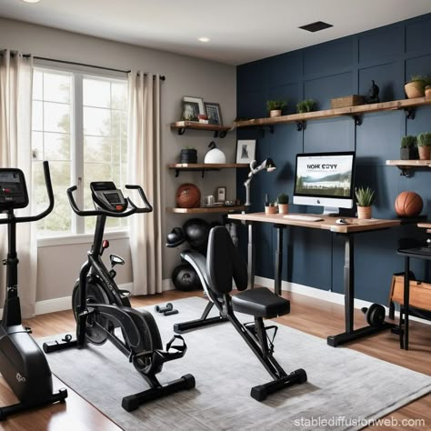 Office and Gym Loft Workout Room, Gym Study Room, Multipurpose Room Office Gym, Office Weight Room Combo, Small Office Gym Combo Ideas, Workout Room Tv, Library And Gym Room, Home Gym Library Combo, Combined Home Office And Gym