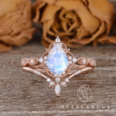 Unique Moonstone Engagement Ring Boho Pearl Bridal Set 2pcs - Etsy Engagement Ring Boho, Future Engagement Rings, Moonstone Engagement, Engagement Ring Shapes, Moonstone Engagement Ring, Full Eternity Ring, Rings Rings, Pearl Bridal, Engagement Rings Opal