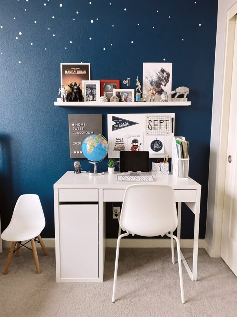 Ikea Kids Desk Micke, Kids Desk Small Space, Bedroom Desk Kids, Ikea Micke Desk Kids, Ikea Desk Kids Room, Boy Desk Ideas, Kids Ikea Desk, Ikea Kids Desk Ideas, Boys Desk Ideas