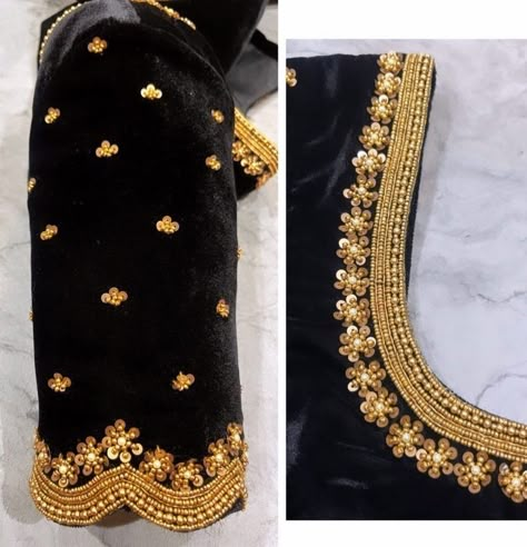 Velvet Aari Work Blouse Designs, Chamki Work Designs Aari Blouse, Velvet Blouse Aari Work, Velvet Blouse Aari Work Design, Black Blouse Aari Work Design, Black Aari Work Blouse, Black Maggam Work Blouse Designs, Black Velvet Blouse Design, Gold Blouse Designs