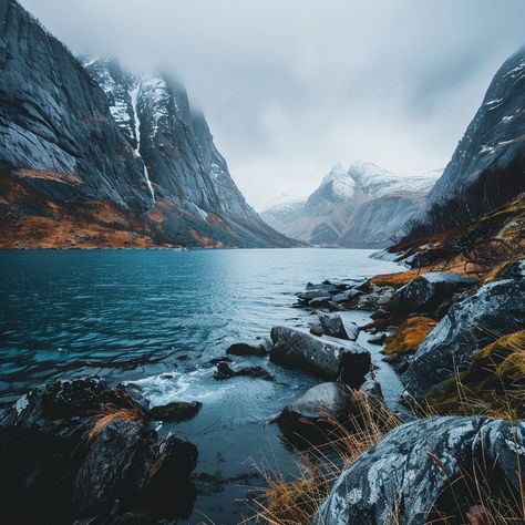 Norwegian landscape photo with mountai and sea Norwegian Landscape, Sea Landscape, Beyond The Sea, Landscape Photos, Feathers, Castle, Forest, Exterior, Writing