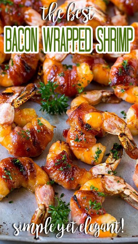 These bacon wrapped shrimp are jumbo prawns brushed with a sweet and savory glaze, then broiled to perfection. Bacon Wrapped Shrimp Appetizers, Prawns Appetizers, Easy Bacon Wrapped Shrimp, Bacon Wrap Shrimp Recipes, Jumbo Prawns, Jumbo Shrimp Recipes, Wrapped Shrimp, Bacon Wrapped Shrimp, Delicious Dips Recipes