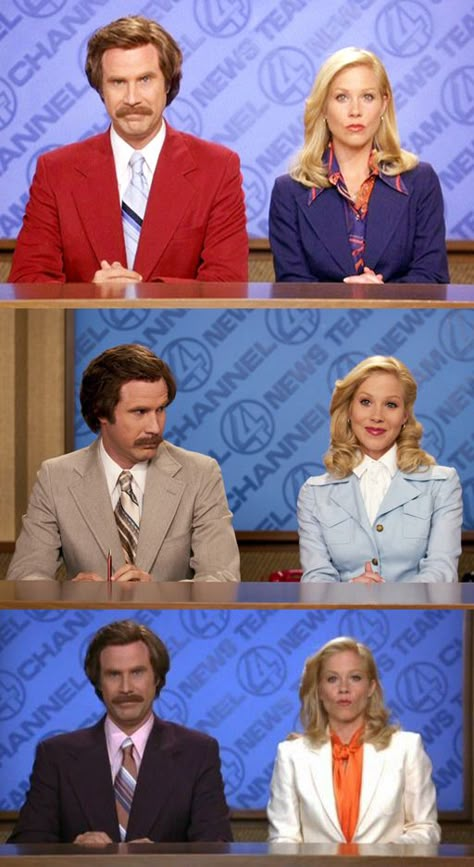 Will Ferrell and Christina Applegate in Anchorman (2004). Costume Designer: Debra McGuire Bottom - white jacket and tangerine top Ron Burgundy Costume, Funny Fancy Dress, Movie Character Costumes, Diy Costumes Women, Christina Applegate, Homemade Halloween Costumes, Anchorman, Adult Halloween Party, Will Ferrell