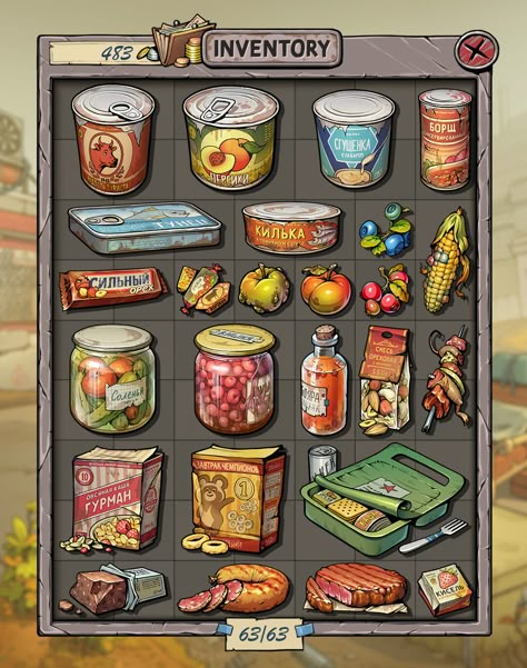 Game Items Design, Video Game Food Art, Game Inventory Design, Inventory Illustration, Game Inventory Ui, Video Game Inventory, Inventory Drawing, Pixel Art Items, Ui Game Design